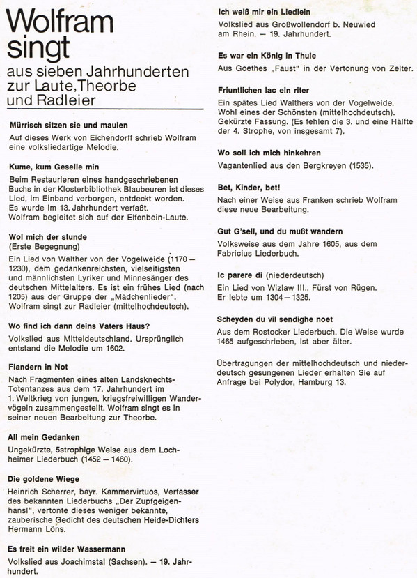 last ned album Wolfram - Wolfram Singt Aus Sieben Jahrhunderten Zur Theorbe Radleier Und Laute
