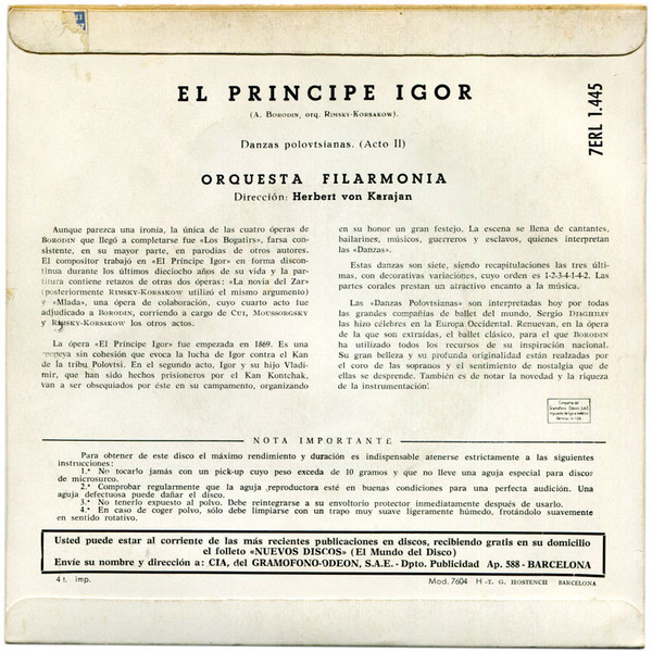 descargar álbum Borodin Orquesta Filarmonia Dirección Herbert von Karajan - El Príncipe Igor Danzas Polovtsianas