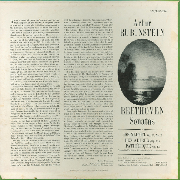 descargar álbum Beethoven, Artur Rubinstein - Beethoven Sonatas Moonlight Pathétique Les Adieux