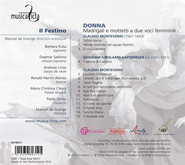 télécharger l'album Monteverdi, Il Festino, Barbara Kusa, Dagmar Saskova, Manuel de Grange - Donna Madrigali E Mottetti A Due Voce Femminili