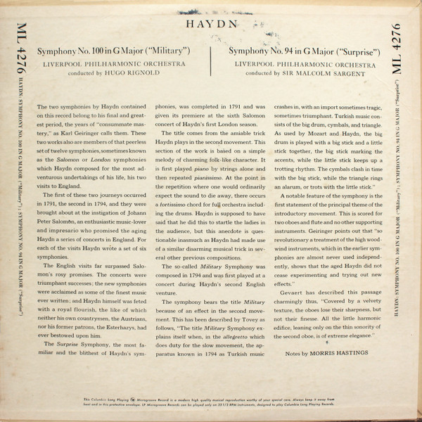 télécharger l'album Haydn, Royal Liverpool Philharmonic Orchestra, Hugo Rignold, Sir Malcolm Sargent - Symphony No 100 In G Major Military Symphony No 94 In G Major Surprise