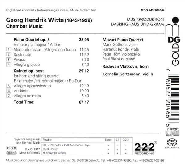 ladda ner album Georg Hendrik Witte, Radovan Vlatkovich, Cornelia Gartemann, Mozart Piano Quartet - Piano Quartet Op 5 A Major Horn Quintet Op Post