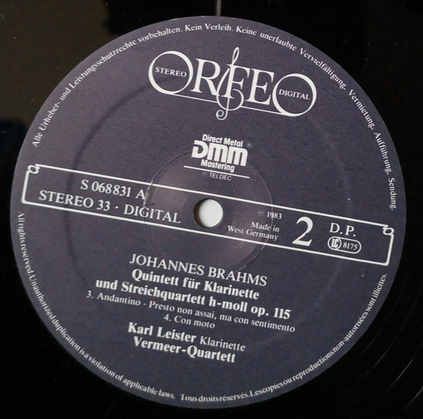 télécharger l'album Johannes Brahms Vermeer Quartet, Karl Leister - Klarinettenquintett Op 115