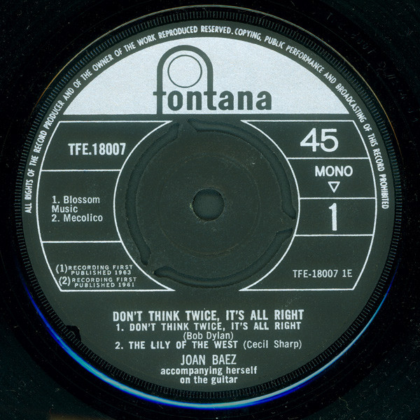 Joan Baez – Don't Think Twice, It's All Right (1963, Vinyl) - Discogs