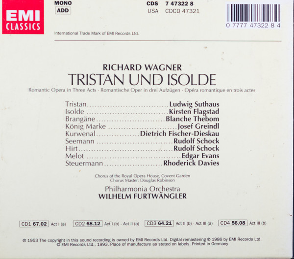 last ned album Wagner Ludwig Suthaus Kirsten Flagstad Thebom Greindl FischerDieskau Philharmonia Orchestra Wilhelm Furtwängler - Tristan Und Isolde