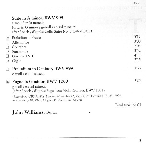 Album herunterladen Bach, John Williams - Lute Suites Vol 1 BWV 995 996 997 999 1000