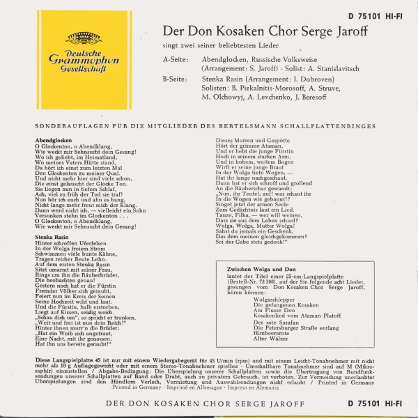 Album herunterladen Der Don Kosaken Chor Serge Jaroff - Abendglocken Stenka Rasin
