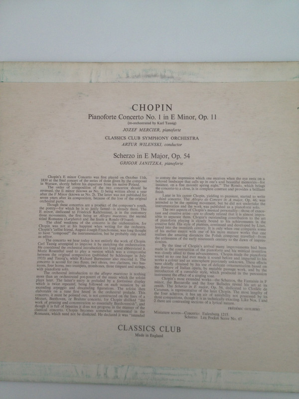 descargar álbum Frédéric Chopin, Jozef Mercier, Classics Club Symphony Orchestra, Artur Wilenski Grigor Janitzka - Pianoforte Concerto No 1 In E Minor Op 11 Scherzo In E Major Op 54