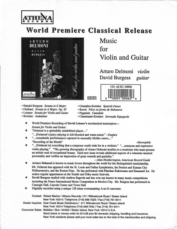 ladda ner album Arturo Delmoni, David Burgess - Music For Violin And Guitar