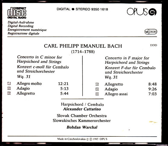 ladda ner album Carl Philipp Emanuel Bach Alexander Cattarino, Slovak Chamber Orchestra, Bohdan Warchal - Harpsichord Concertos