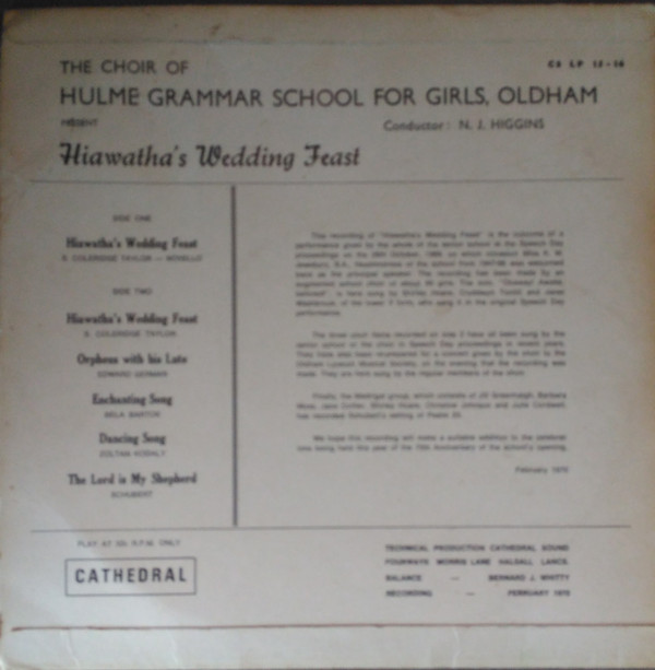 last ned album The Choir Of Hulme Grammar School For Girls - Hiawathas Wedding Feast
