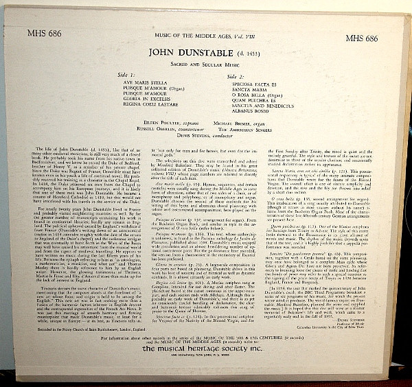 descargar álbum John Dunstable Eileen Poulter, Russell Oberlin, Michael Brimer, The Ambrosian Singers, Denis Stevens - Sacred And Secular Music