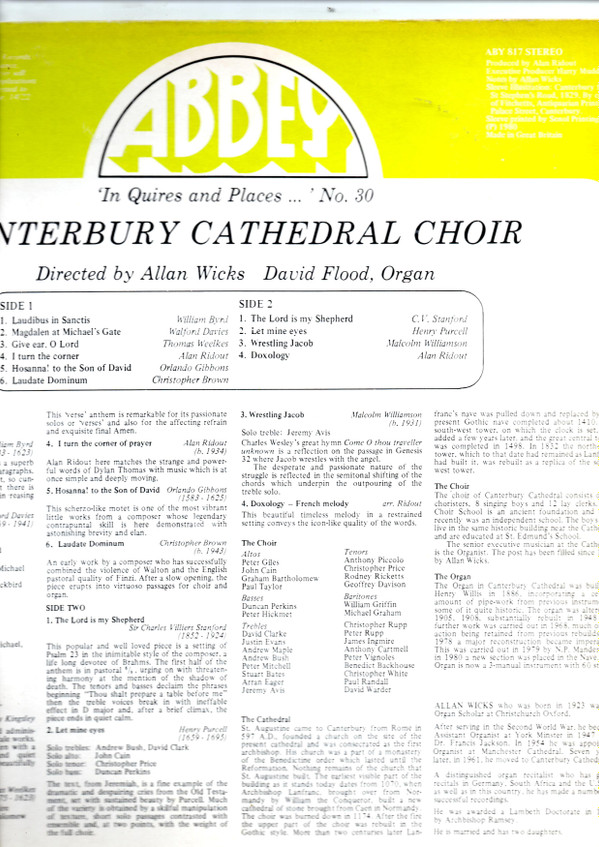 baixar álbum Canterbury Cathedral Choir Directed By Allan Wicks, David Flood - In Quires and Places No 30