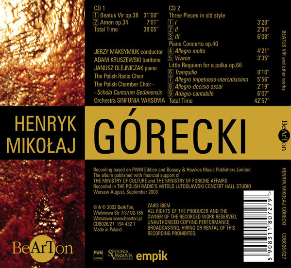 last ned album Górecki - Beatus Vir Amen Three Pieces In Old Style Piano Concerto Little Requiem For A Polka