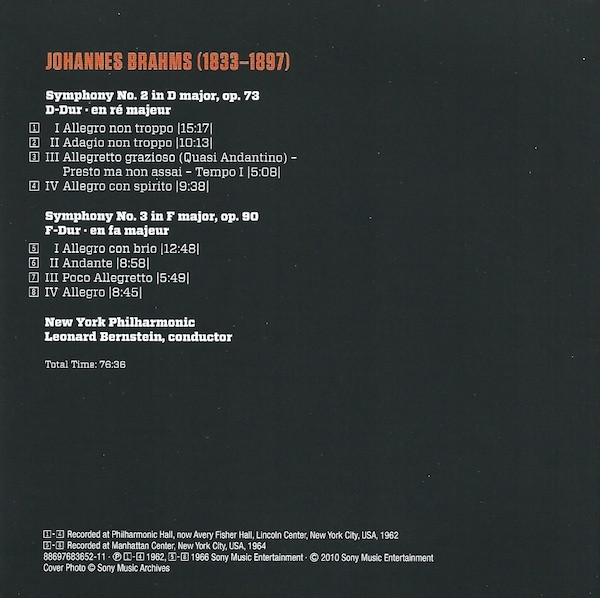 Album herunterladen Johannes Brahms New York Philharmonic, Leonard Bernstein - Symphony No 2 In D Major Symphony No 3 In F Major