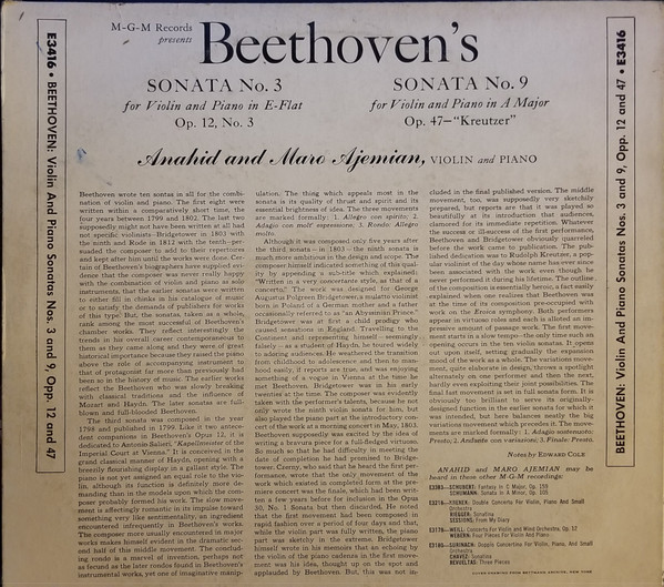 Album herunterladen Maro Ajemian, Anahid Ajemian - M G M Records Presents Beethovens Sonata No 3 For Violin And Piano In E Flat Op 12 No 3 Sonata No 9 For Violin And Piano In A Major Op 47 Kreutzer