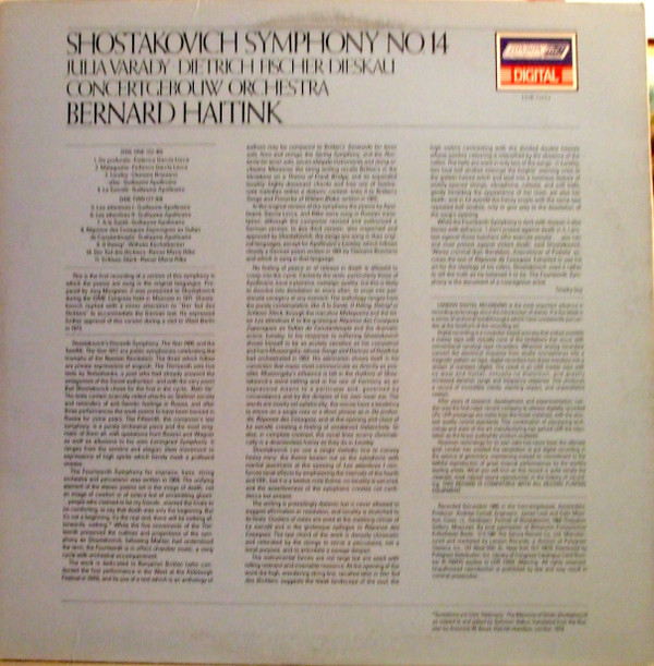 descargar álbum Shostakovich Julia Varády, Dietrich FischerDieskau, Concertgebouw Orchestra, Bernard Haitink - Symphony No14