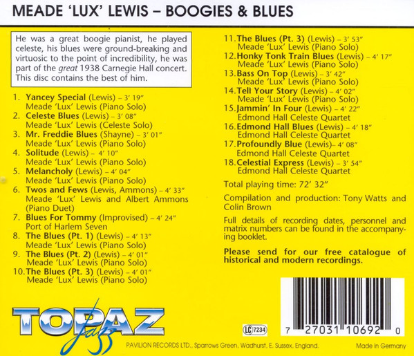 last ned album Meade 'Lux' Lewis - Boogies Blues