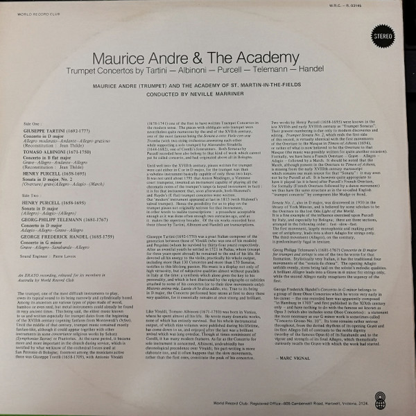 baixar álbum Tartini Albinoni Purcell Telemann Handel Maurice Andre (Trumpet) And The Academy Conducted By Neville Marriner - Maurice Andre And The Academy