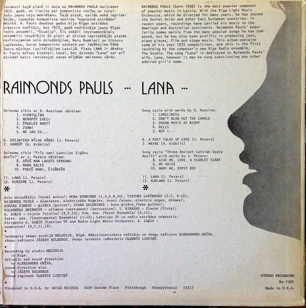 Album herunterladen Raimonds Pauls - Lana