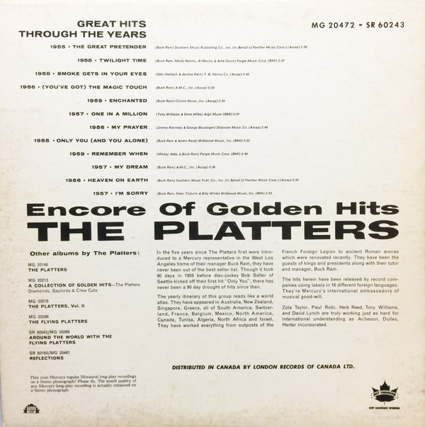 The Platters - Encore Of Golden Hits | Mercury (MG 20472) - 2