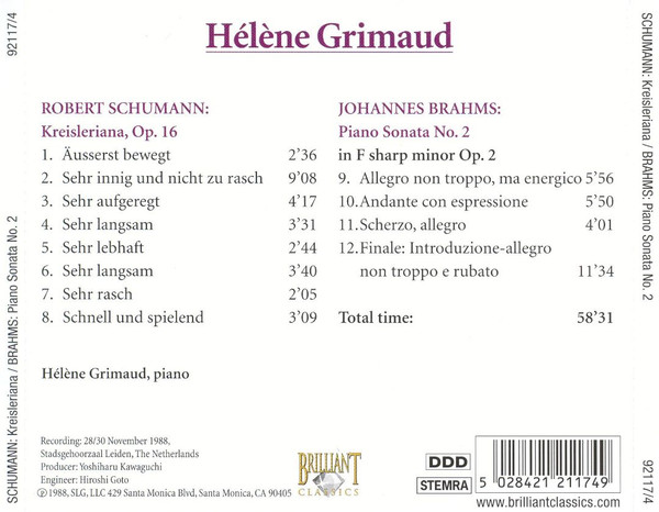 baixar álbum Schumann Brahms Hélène Grimaud - Kreisleriana Op16 Piano Sonata No2