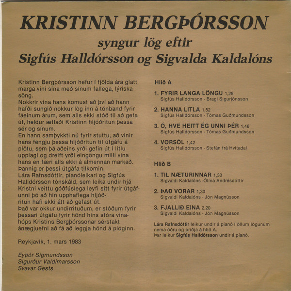 baixar álbum Kristinn Bergþórsson - Syngur lög eftir Sigfús Halldórsson og Sigvalda Kaldalóns