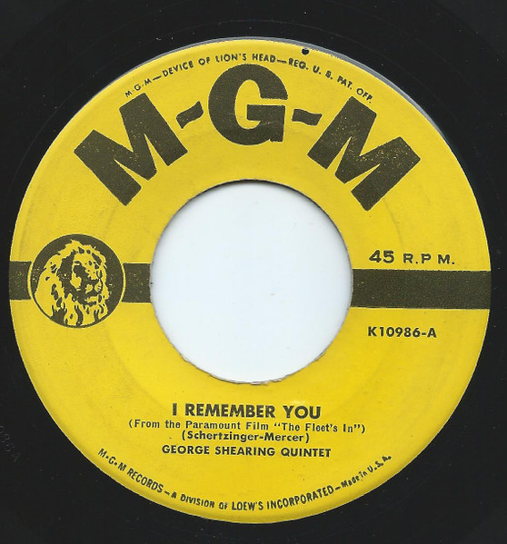 ◆ GEORGE SHEARING Quintet / I Remember You / The Breeze and I ◆ MGM 10986 (78rpm SP) ◆