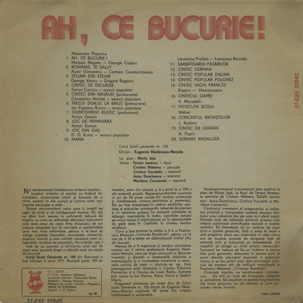 ladda ner album Corul Școlii generale nr 155 București dirijor Eugenia Văcărescu Necula - Ah Ce Bucurie