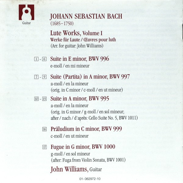 baixar álbum Bach, John Williams - Lute Suites Vol 1 BWV 995 996 997 999 1000