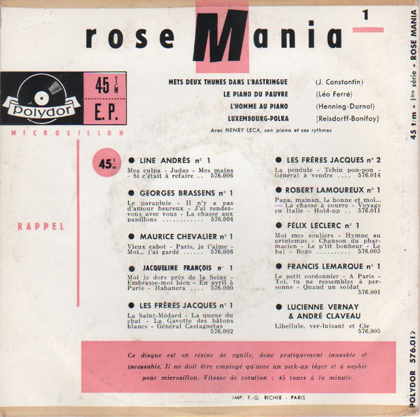 baixar álbum Rose Mania, Henry Leca Et Ses Rythmes - Mets Deux Thunes Dans LBastringue