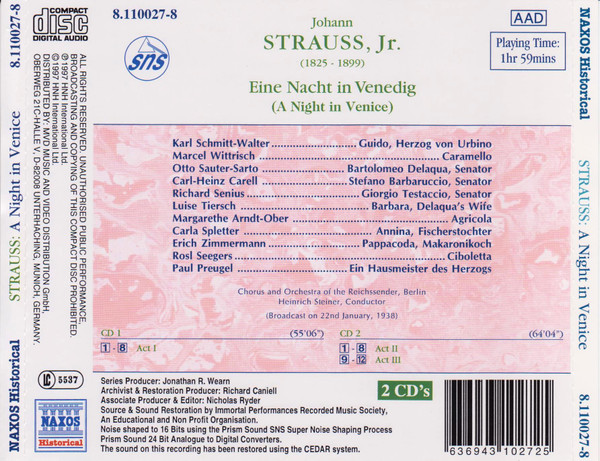 télécharger l'album Strauß, Steiner - Eine Nacht In Venedig A Night In Venice Gesamtaufnahme Berlin 1938