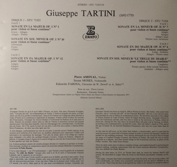 last ned album Giuseppe Tartini, Pierre Amoyal, Susan Moses, Edoardo Farina - Tartini Sonates
