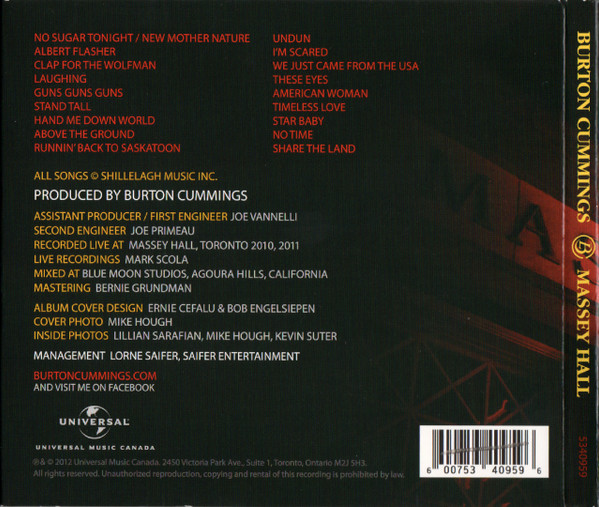 Burton Cummings Massey Hall 2012 CD Discogs