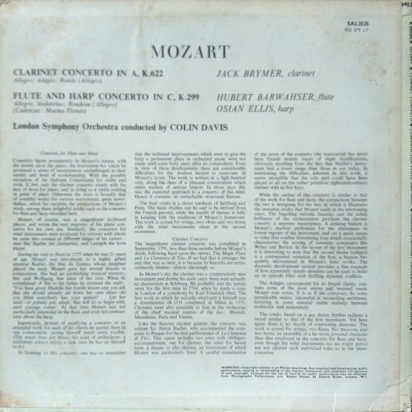 Album herunterladen Mozart, Jack Brymer, Hubert Barwahser, Osian Ellis, London Symphony Orchestra, Colin Davis - Concertos For Clarinet For Flute And Harp