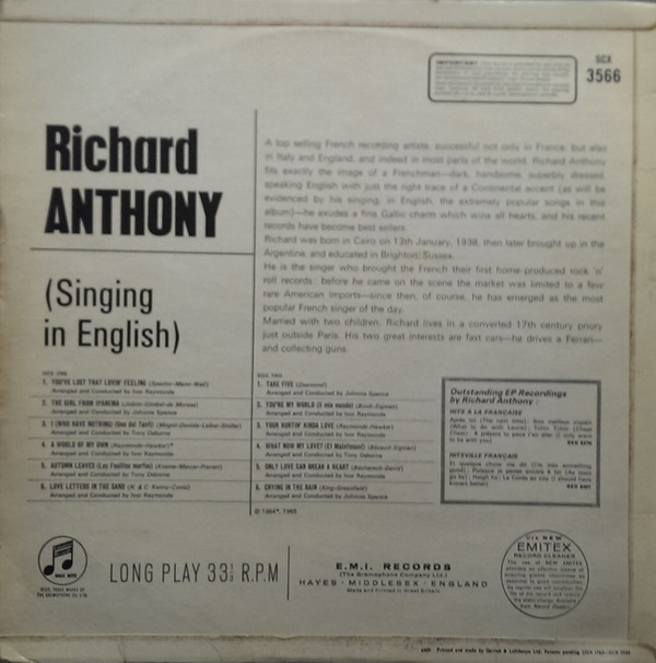 télécharger l'album Richard Anthony - Richard Anthony Singing In English