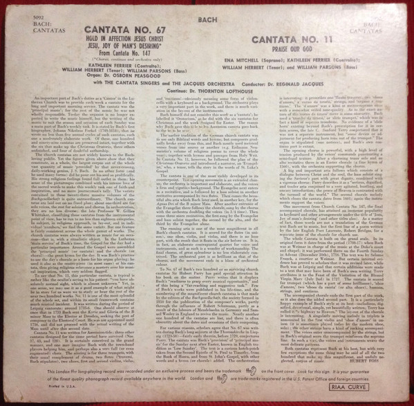 ladda ner album Bach Ena Mitchell, Kathleen Ferrier, William Herbert, William Parsons With The Cantata Singers And The Jacques Orchestra Conducted By Dr Reginald Jacques - Cantata No 11 Praise Our God Cantata No 67 Hold In Affection Jesus Christ A Jesu Joy Of Mans Desiring From Cantata No 147