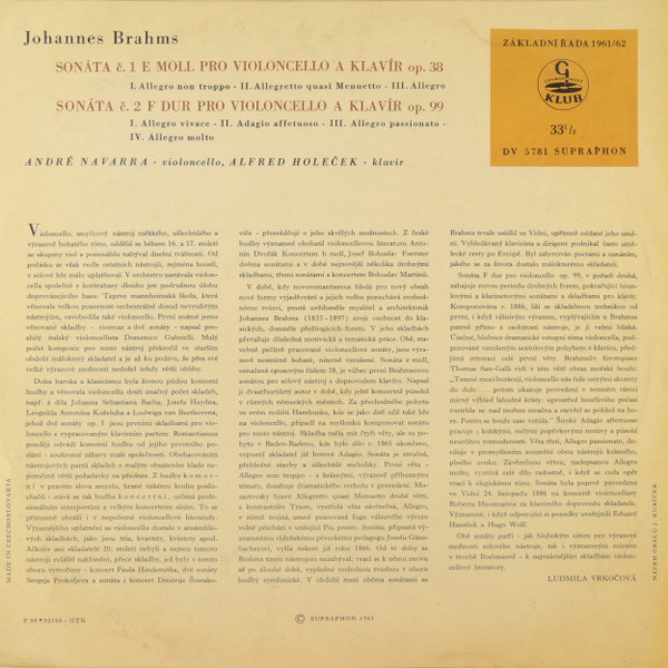Album herunterladen Johannes Brahms, André Navarra, Alfred Holeček - Sonáty Pro Violoncello A Klavír Č 1 E Moll Op 38 A Č 2 F Dur Op 99