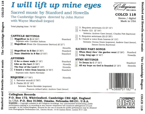 télécharger l'album The Cambridge Singers Directed By John Rutter With Wayne Marshall - I Will Lift Up Mine Eyes Sacred Music By Stanford And Howells