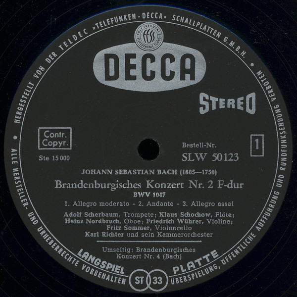 lataa albumi J S Bach, Karl Richter Und Sein Kammerorchester - Brandenburgisches Konzert Nr 2 F dur BWV 1047 Und Nr 4 G dur BWV 1049