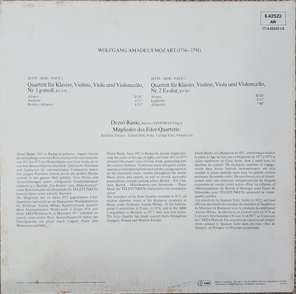 descargar álbum Mozart, Dezső Ránki, Éder Quartet - Klavierquartette Piano Quartets Quatuors pour piano KV 478 493