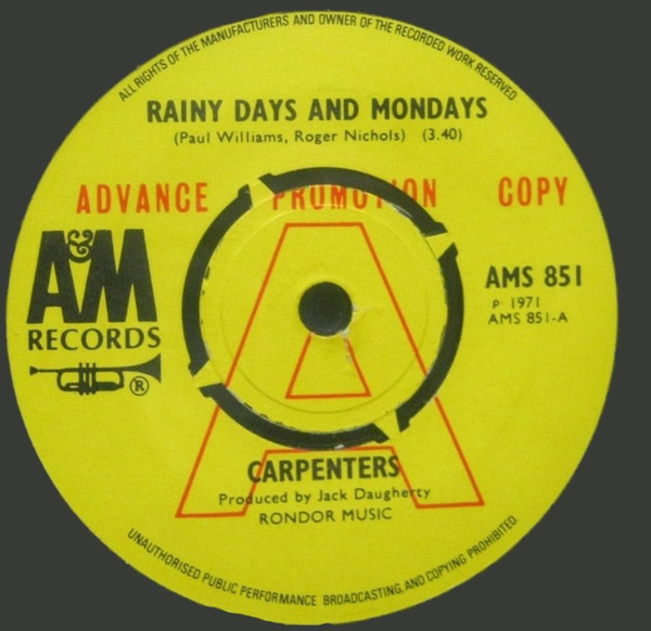 Carpenters – Rainy Days And Mondays (1971, Vinyl) - Discogs