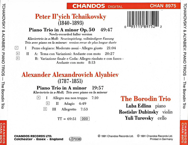 ladda ner album Tchaikovsky Alyabiev, The Borodin Trio - Piano Trio In A Minor Op 50 Piano Trio in A Minor