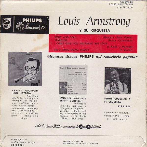 télécharger l'album Louis Armstrong Y Su Orquesta - Body And Soul Startdust I CAnt Give You Anything But Love Im A Ding Dong Daddy