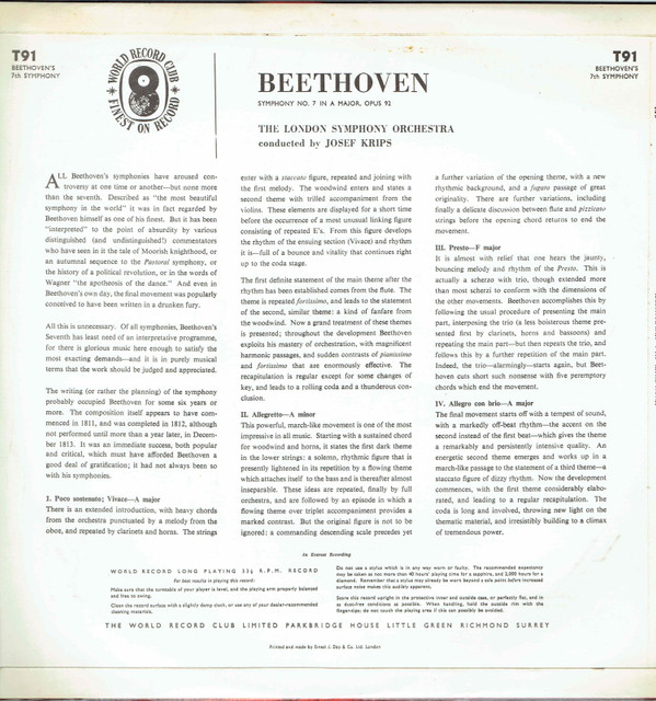 lataa albumi Beethoven London Symphony Orchestra Conducted By Josef Krips - Symphony No 7