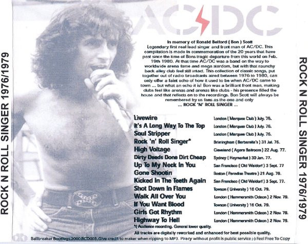 Album herunterladen ACDC - Rock N Roll Singer Bon Scott Live Tracks 1976 1979
