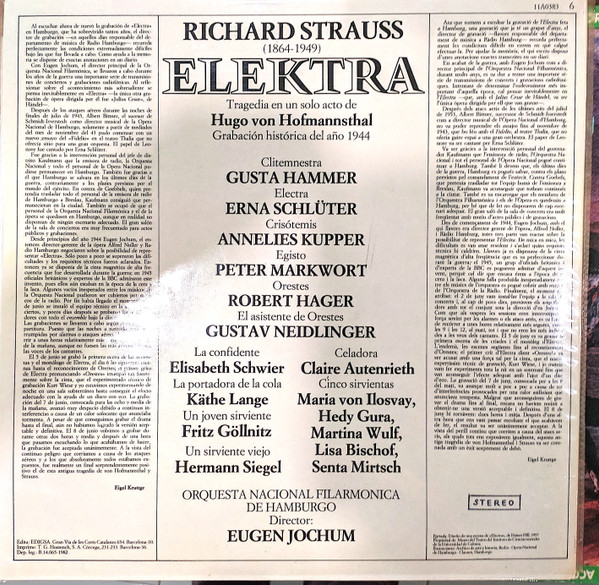 last ned album Richard Strauss Ensemble Der Hamburgischen Staatsoper, Eugen Jochum - Elektra