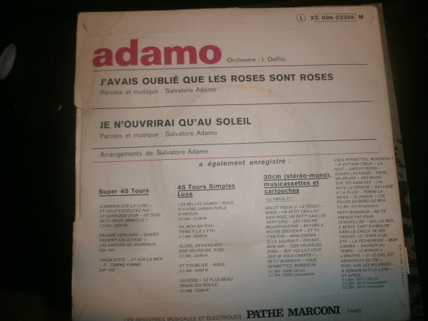 télécharger l'album Adamo - Javais Oublie Que Les Roses Sont Roses Je Nouvrirai Quau Soleil