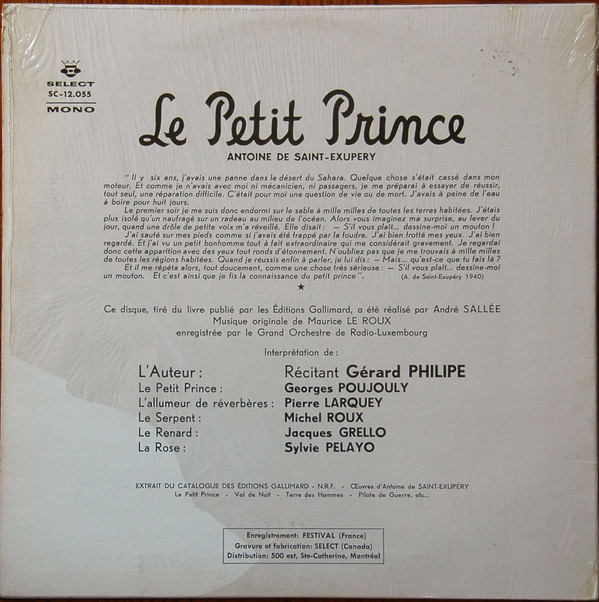 Antoine De Saint-Exupéry - Gérard Philipe Et Georges Poujouly Avec Pierre Larquey , Michel Roux , Jacques Grello , Sylvie Pelayo - Le Petit Prince | Select (SC-12.055) - 2