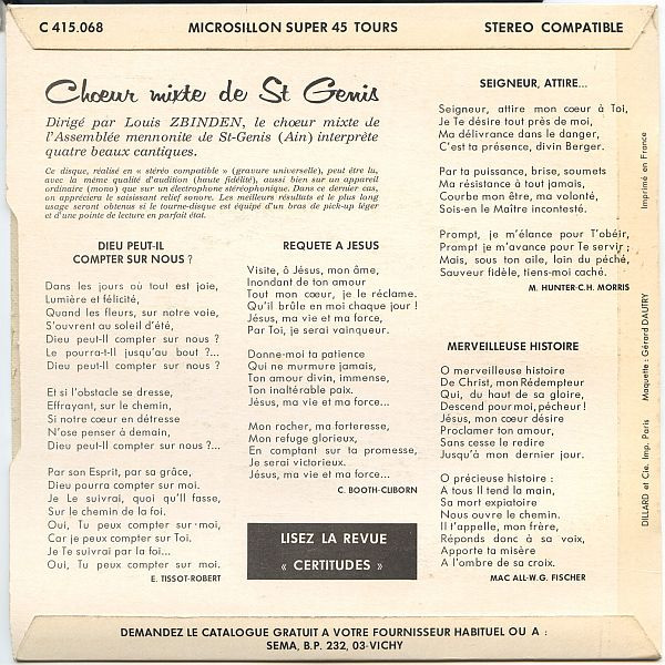 lataa albumi Chœur Mixte De Saint Genis Direction Louis Zbinden - Chœur Mixte De St Genis